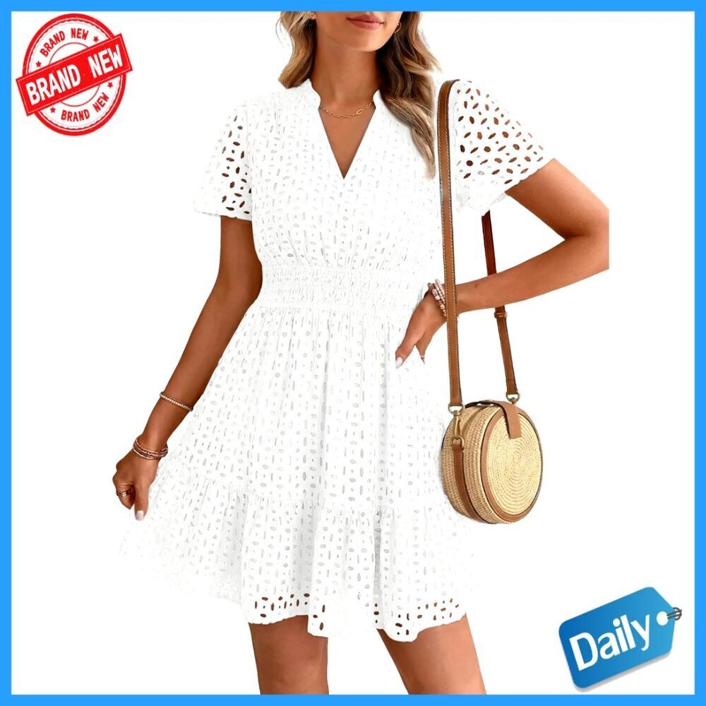Cotton Mini Dress V Neck Short Sleeve A Line Casual Beach Vacation
